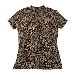 2/$30 Animal Print Leopard Tan Black Short Sleeve Top Blouse Medium Mock Neck